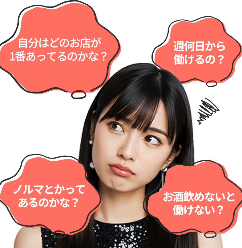 自分はどのお店が1番あってるのかな? 週何日から働けるの? ノルマとかってあるのかな? お酒飲めないと働けない?